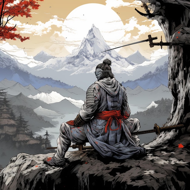 Фото Человек, сидящий на скале с мечом.