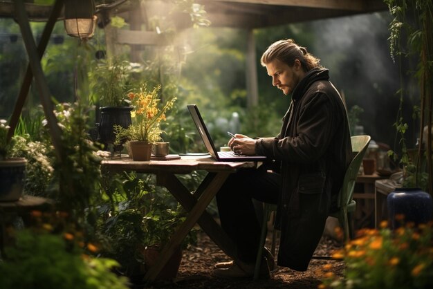 Фото Мужчина сидит за столом на улице и пользуется ноутбуком