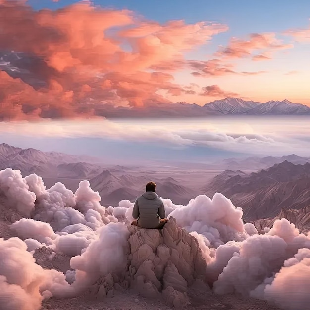 写真 雲に囲まれた山の頂上に座っている男