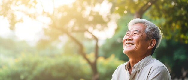 写真 顔の葉を通って太陽が輝く木の前で男が微笑んでいる