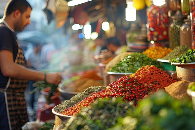 写真 たくさんの食べ物で満たされた店の前に立っている男