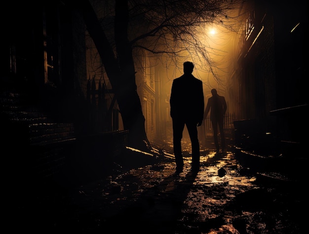 Фото Человек, стоящий в темноте с темным фоном.