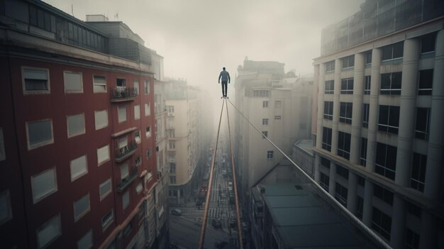 사진 도시 위의 높은 전선에 서 있는 남자