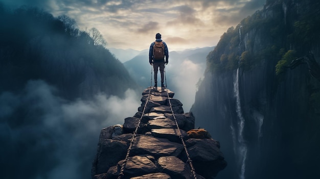Фото Человек, стоящий на каменной скале над облаками концепция успеха