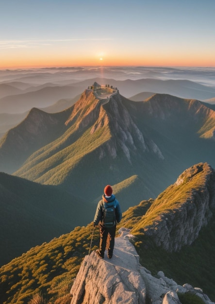 写真 山の頂上に立っている男はaiによって生成された日の出のピークを見る