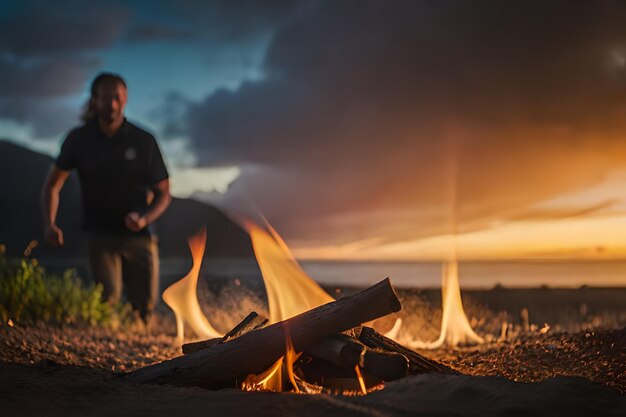 写真 夕暮れ時にキャンプファイヤーのそばに立つ男性。