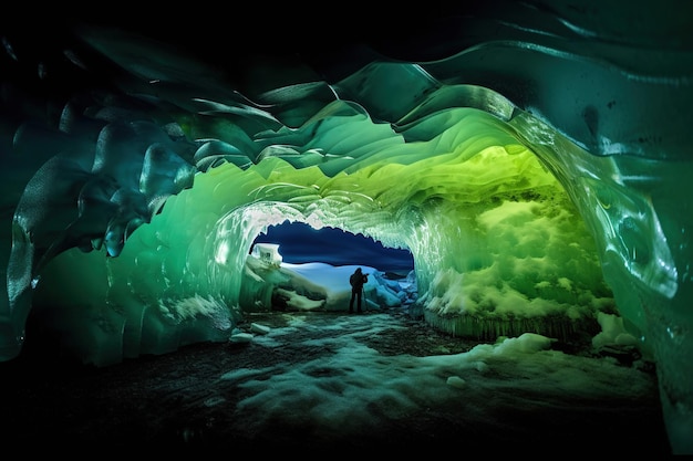 Фото Мужчина стоит в пещере с зеленым светом на дне.