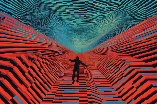 Фото Мужчина стоит в туннеле, внизу которого изображен красно-синий рисунок.