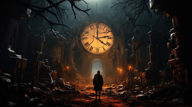 Фото Человек стоит перед часами, которые указывают время в одиннадцать часов.