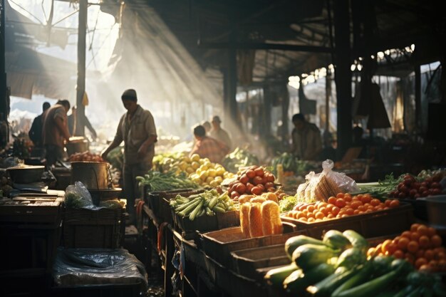 写真 果物や野菜がたくさんある市場の前に立っている男