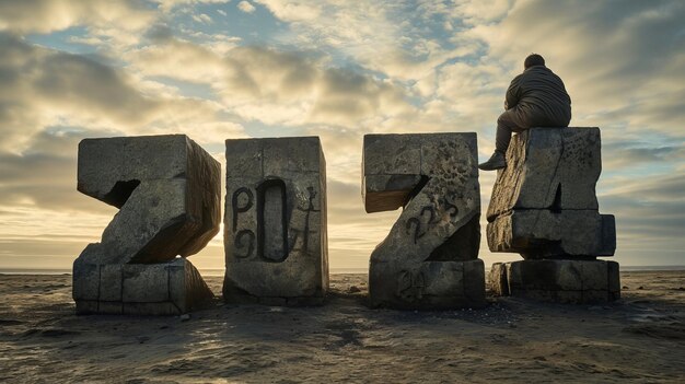 写真 男性が石の前に立ってその上に数字の0が書かれています