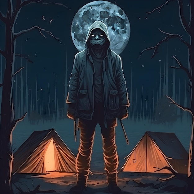 Фото Мужчина стоит перед палаткой на фоне луны.
