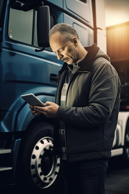 Фото Мужчина стоит перед грузовиком и смотрит на планшет. это изображение может быть использовано для изображения технологий в транспортной промышленности.