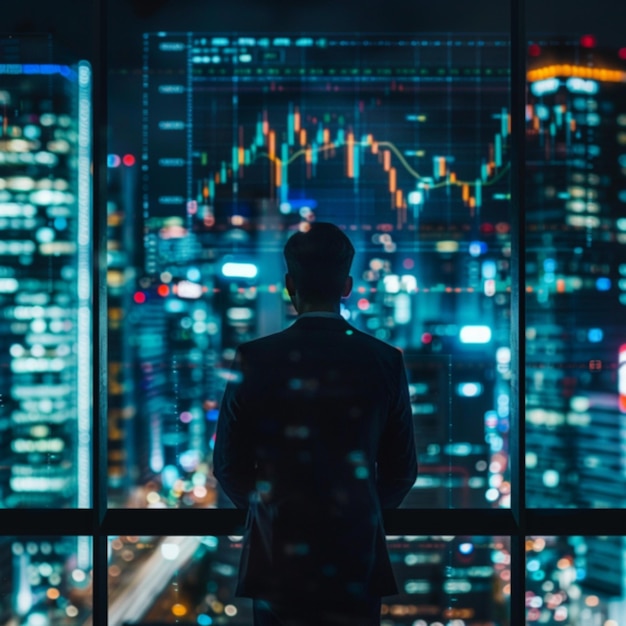 写真 a man stands in front of a window in a skyscraper overlooking a city