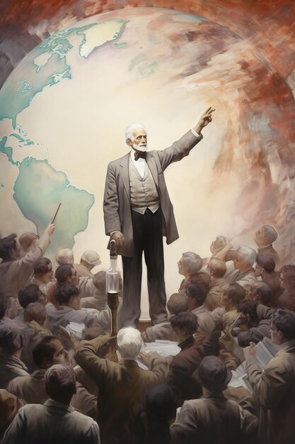 Фото Человек стоит перед картой мира.