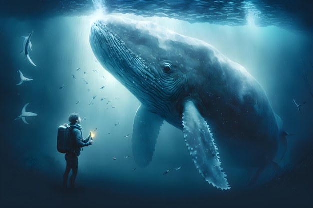 Фото Мужчина стоит рядом с китом, который находится под водой.