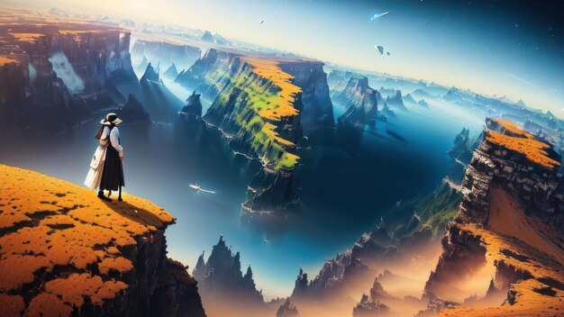 写真 青い空と惑星を背景に崖の上に立つ男。