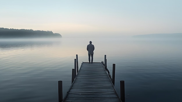 写真 波止場に立って海を眺める男性。