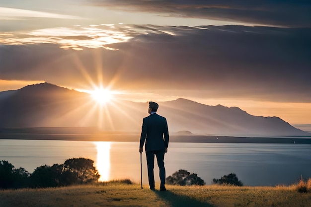 写真 山を背景に湖を見下ろす丘の上に男が立っています。