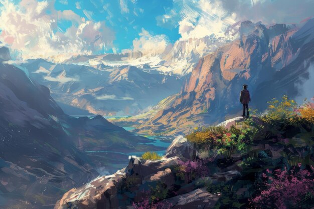 Фото Мужчина стоит на вершине горы и смотрит на прекрасный пейзаж.