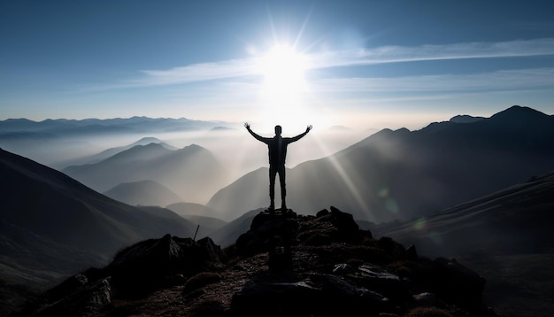 사진 한 남자가 태양을 등지고 산 위에 서 있습니다.