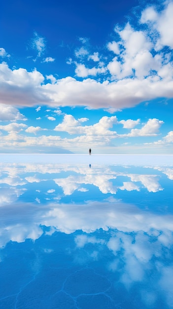 写真 空に雲がある空の反射の上に立っている男