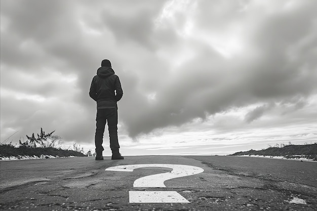 写真 地面に絵を描いた白い問答符を持つ男が道路に立っています