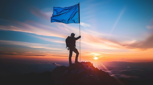 Фото Мужчина стоит на заснеженной горной вершине с голубым флагом солнце ярко светит
