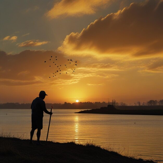 写真 男が棒を持って川の岸に立って太陽が彼の後ろに沈んでいます
