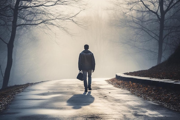 Фото Человек, идущий по дороге в тумане.
