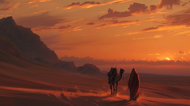 写真 夕暮れの時にラクダと砂漠を歩く男 ai generative