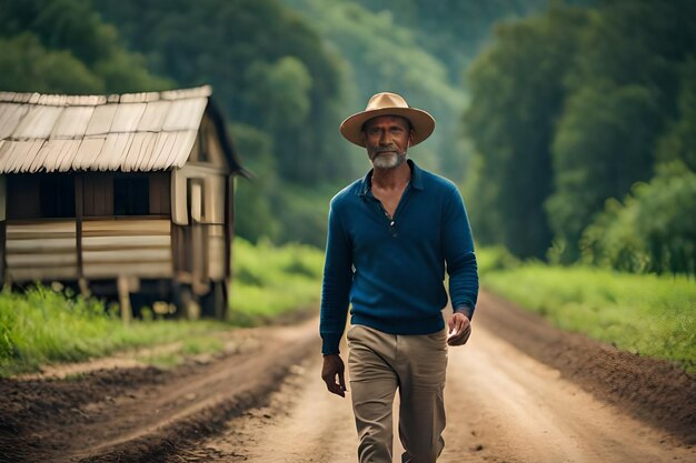 写真 背景に家がある土の道を歩いている男