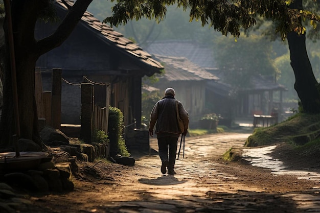 사진 한 남자가 마을의 길을 걷고 있다.