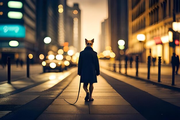 写真 男が犬をリードで歩道を歩いている