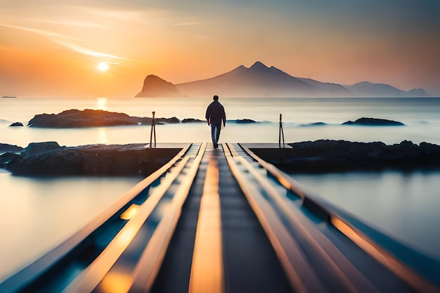 写真 背景に山がある水面の上に橋を歩いている男性