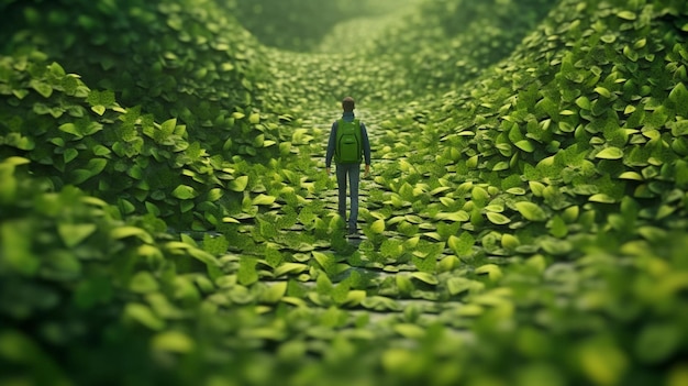 Фото Мужчина идет по зеленому лиственному лесу.
