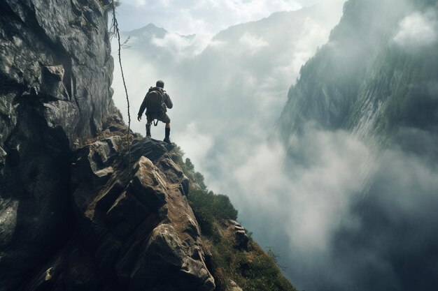 写真 男が山の崖を登っていた