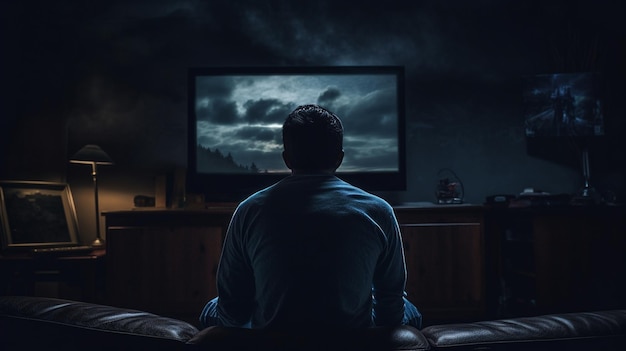 Фото Человек смотрит фильм на экране телевизора в темной комнате.