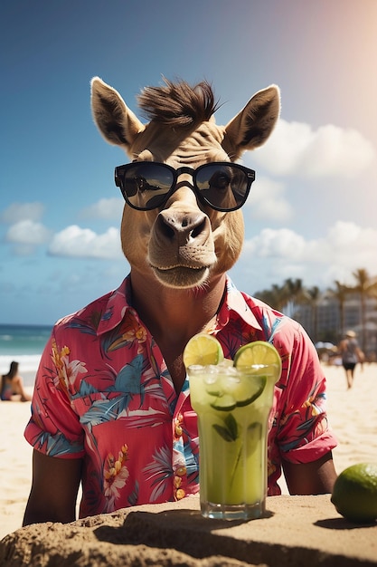 写真 太陽眼鏡と飲み物を身に着けている面白い動物の頭を着た男