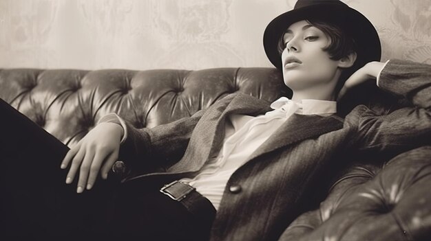 Фото Человек в шляпе и куртке сидит на диване