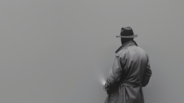 写真 帽子とコートをかぶった男が白い壁の前で立っています彼は手電灯を持って周りを見回しています男は帽子とコーツをかぶっています