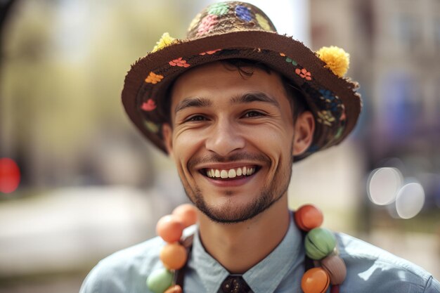 写真 花柄の帽子をかぶった男性