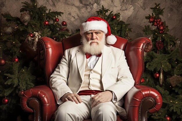 写真 サンタの帽子をかぶった男が彼の後ろにクリスマスツリーがある椅子に座っています