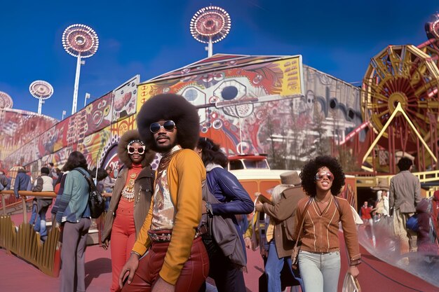 写真 a man wearing a yellow shirt and sunglasses is standing in front of a colorful building with a large mural on it