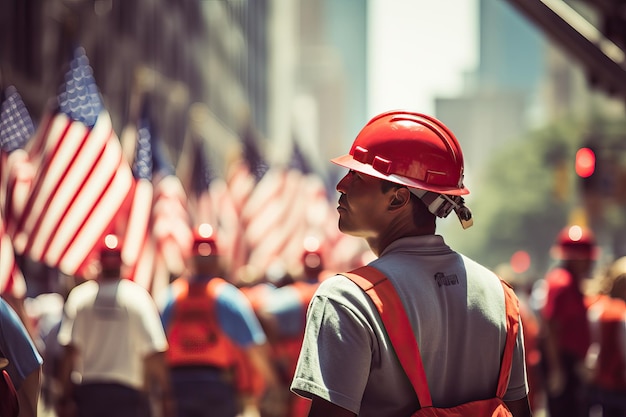 写真 ハードヘットをかぶった男性が道路の公共の場所でアメリカ国旗の前に立っています