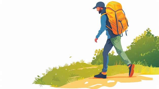 Фото Мужчина с рюкзаком идет по грунтовой тропе через зеленое поле, он носит шляпу и синюю куртку.