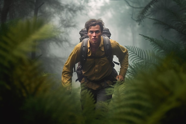 Фото Мужчина с рюкзаком бежит по лесу.