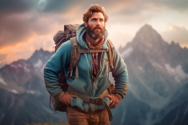 Фото Мужчина с рюкзаком стоит перед горным пейзажем.