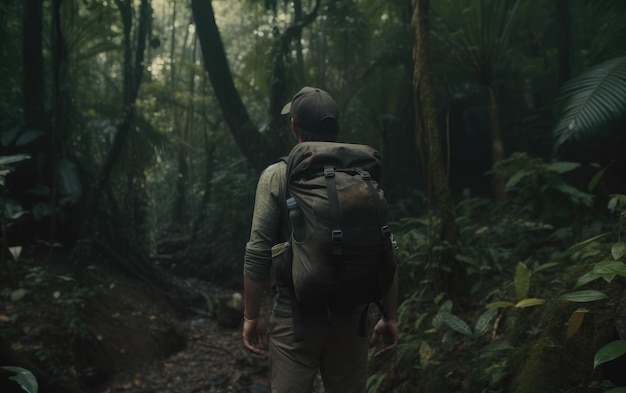 사진 배낭을 메고 있는 남자가 정글 열대우림 여행자 하이킹 야외 모험 ai 생성