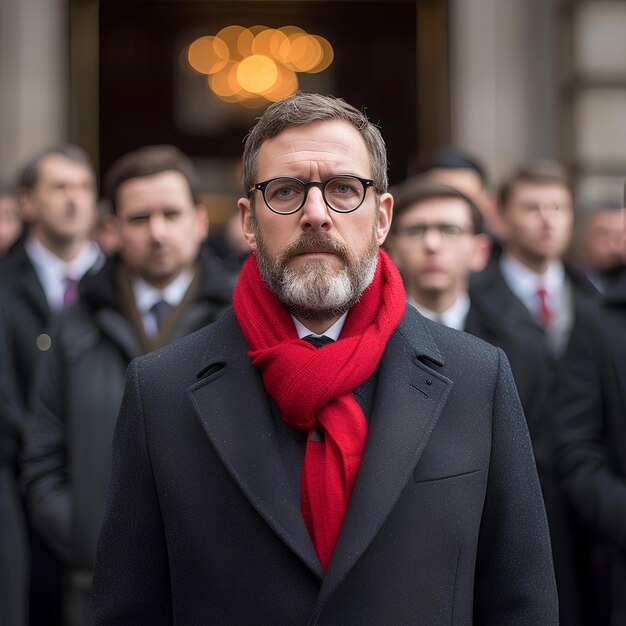 Фото Мужчина с бородой и красным шарфом.